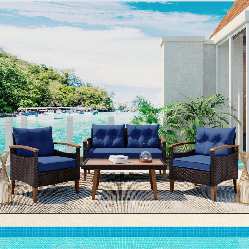 4 Piece Wicker Conversation Set,PE Rattan Outdoor Sofa Set with Wood Table and Cushions,All Weather Outdoor Sectional Sofa Set,Blue - Image 3