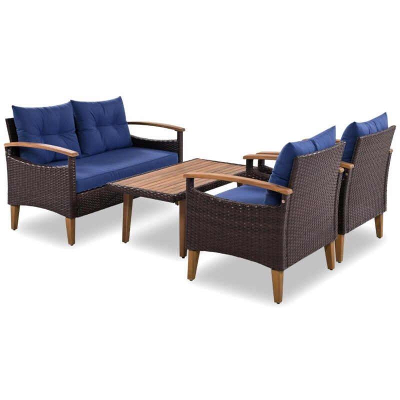 4 Piece Wicker Conversation Set,PE Rattan Outdoor Sofa Set with Wood Table and Cushions,All Weather Outdoor Sectional Sofa Set,Blue - Image 10