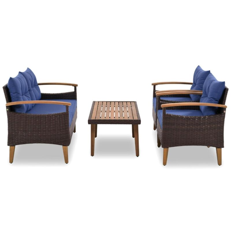 4 Piece Wicker Conversation Set,PE Rattan Outdoor Sofa Set with Wood Table and Cushions,All Weather Outdoor Sectional Sofa Set,Blue - Image 9