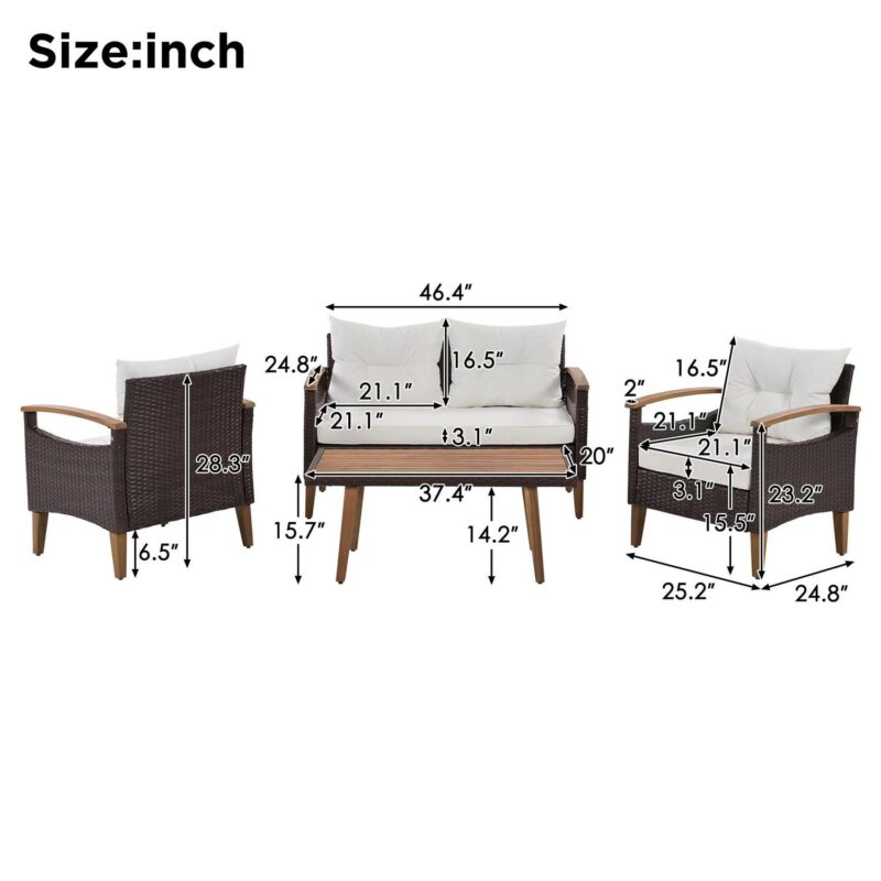 4 Piece Wicker Conversation Set,PE Rattan Outdoor Sofa Set with Wood Table and Cushions,All Weather Outdoor Sectional Sofa Set,Beige - Image 14