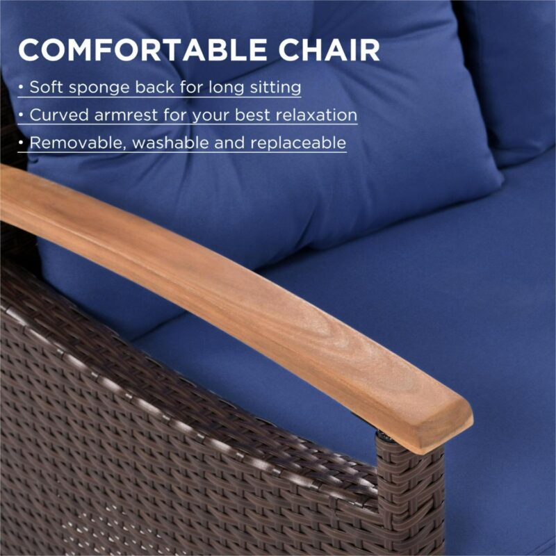 4 Piece Wicker Conversation Set,PE Rattan Outdoor Sofa Set with Wood Table and Cushions,All Weather Outdoor Sectional Sofa Set,Blue - Image 4