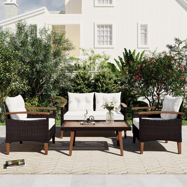 4 Piece Wicker Conversation Set,PE Rattan Outdoor Sofa Set with Wood Table and Cushions,All Weather Outdoor Sectional Sofa Set,Beige