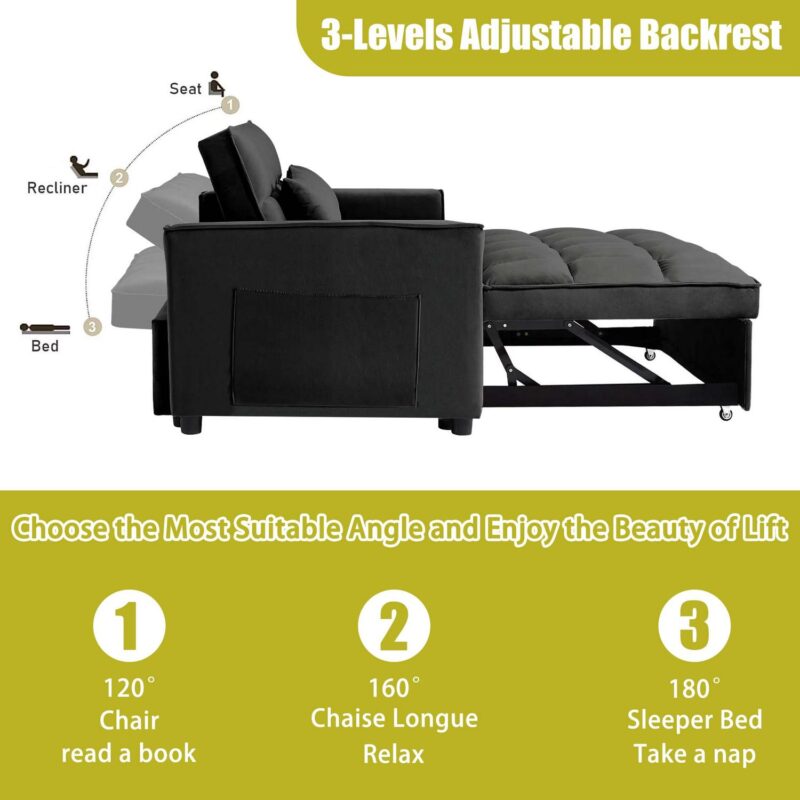 55 Inch Convertible Futon Sofa Bed,Modern Loveseat Sleeper Sofa Couch with Pull-Out Sofa Bed for Living Room,Small Space - Black - Image 4