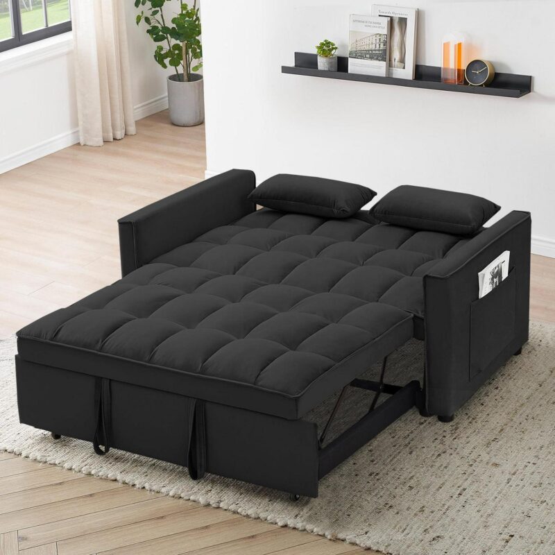 55 Inch Convertible Futon Sofa Bed,Modern Loveseat Sleeper Sofa Couch with Pull-Out Sofa Bed for Living Room,Small Space - Black - Image 3