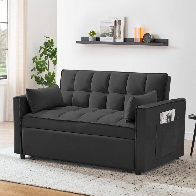55 Inch Convertible Futon Sofa Bed,Modern Loveseat Sleeper Sofa Couch with Pull-Out Sofa Bed for Living Room,Small Space - Black - Image 5