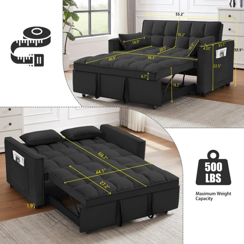 55 Inch Convertible Futon Sofa Bed,Modern Loveseat Sleeper Sofa Couch with Pull-Out Sofa Bed for Living Room,Small Space - Black - Image 6