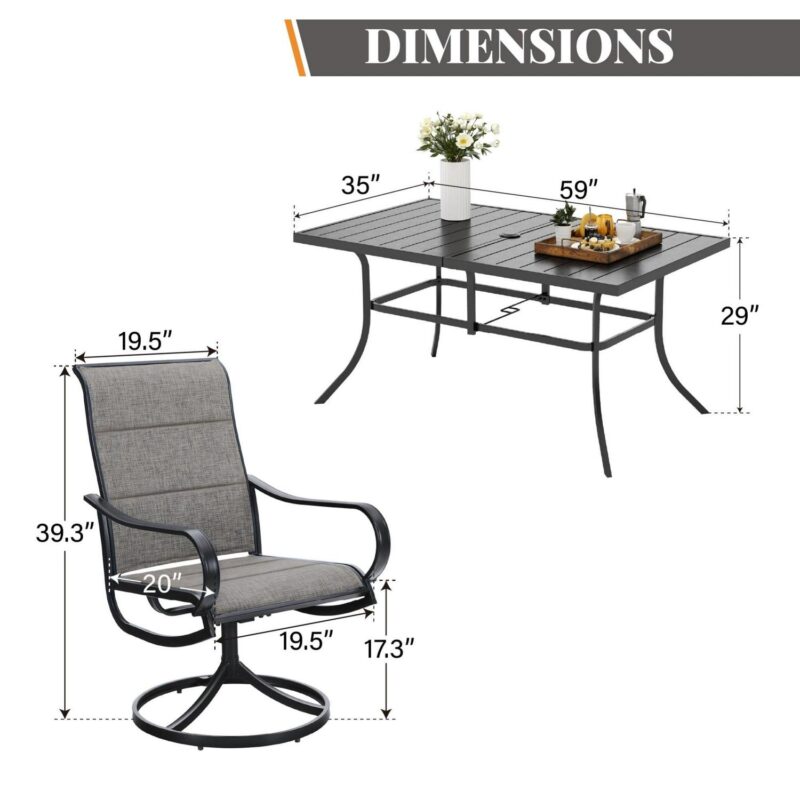 5-Piece Patio Dining Set, 4 High-Back Padded Textilene Swivel Chairs and Square Table, Grayish Brown - Image 12