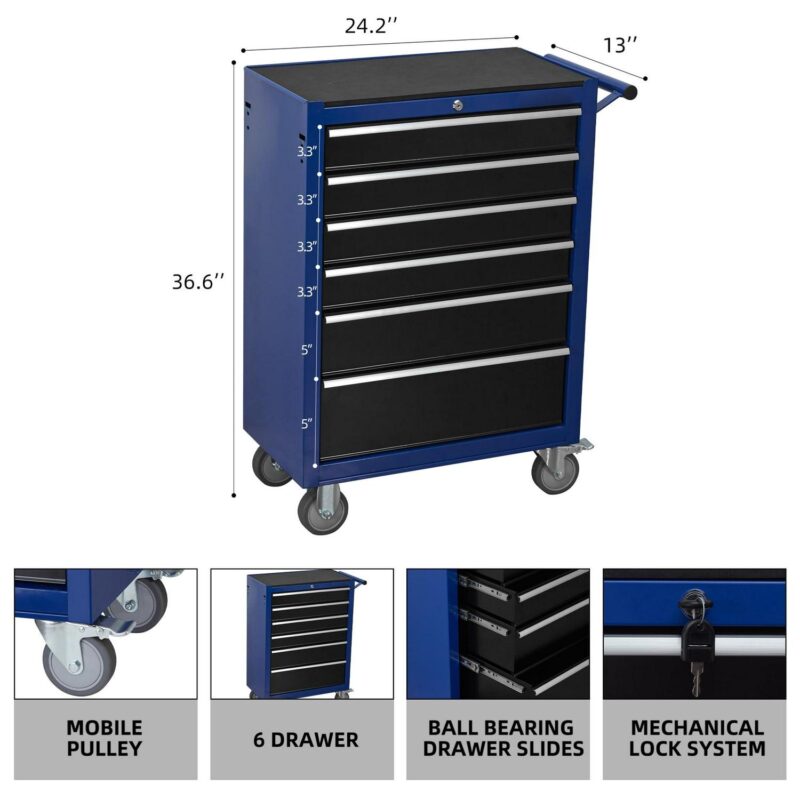 6-Drawer Rolling Tool Chest Cabinet, Large Capacity Organizers Metal Tool Box with Wheels Tool Storage Cart for Garage, Workshop - Image 5