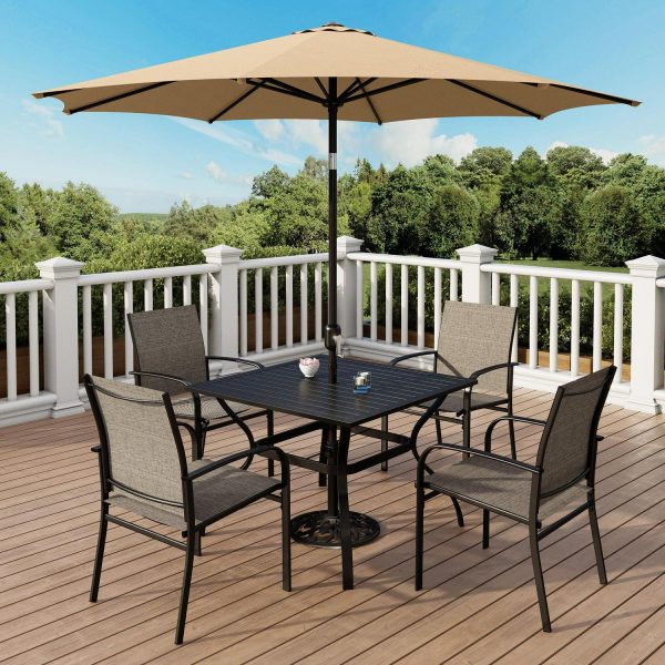 6-Piece Outdoor Patio Dining Set with Metal Steel Square Table and 4 Textilene Chairs and 9ft Patio Beige Umbrella, Black and Gray