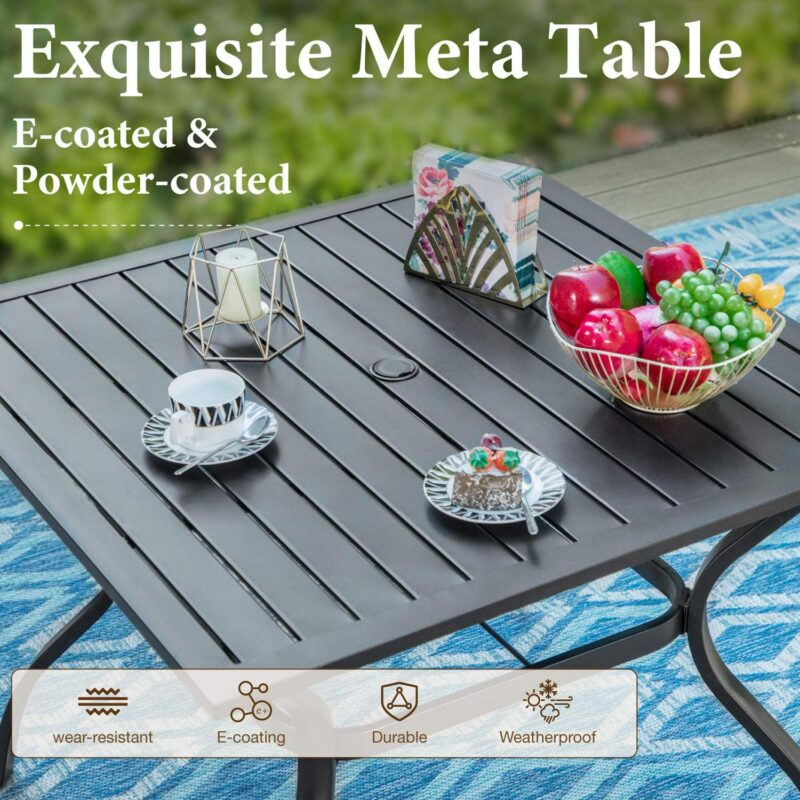6 Pieces Outdoor Patio Dining Set with 10 Ft Umbrella Square Metal Table and Wicker Chairs Furniture Set- Navy Blue - Image 8