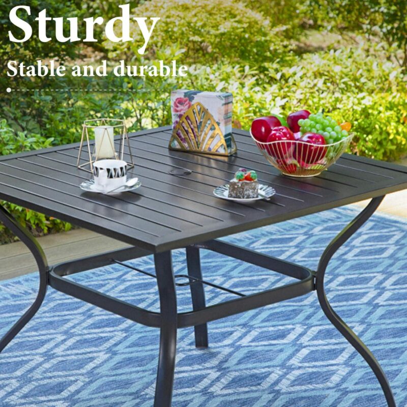 6 Pieces Outdoor Patio Dining Set with 10 Ft Umbrella Square Metal Table and Wicker Chairs Furniture Set- Navy Blue - Image 7