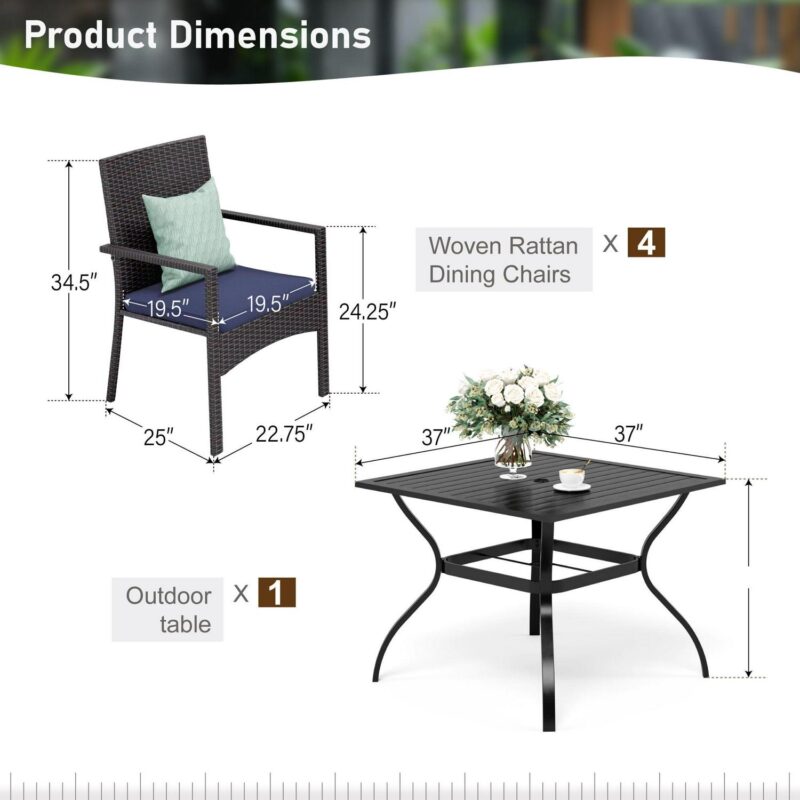 6 Pieces Outdoor Patio Dining Set with 10 Ft Umbrella Square Metal Table and Wicker Chairs Furniture Set- Navy Blue - Image 14
