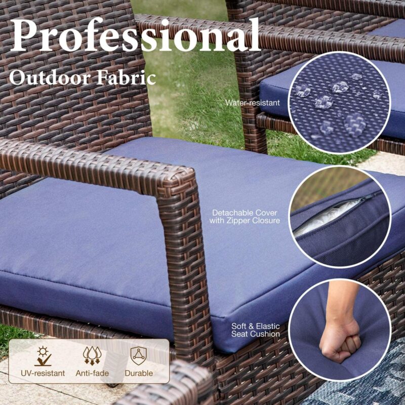 6 Pieces Outdoor Patio Dining Set with 10 Ft Umbrella Square Metal Table and Wicker Chairs Furniture Set- Navy Blue - Image 6