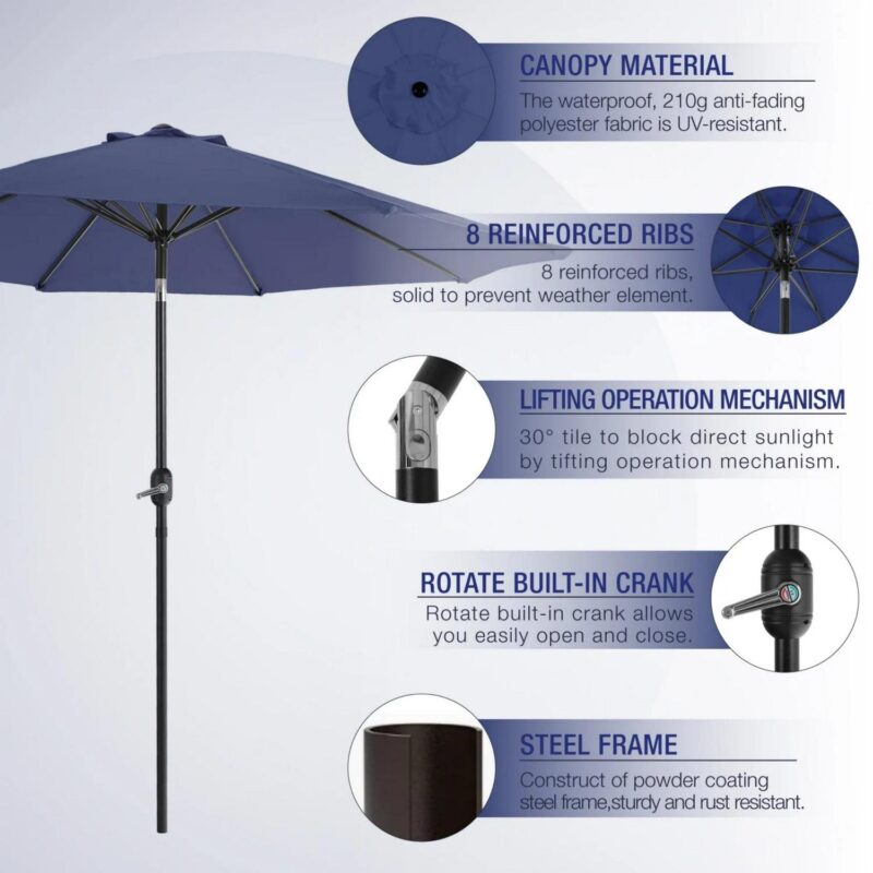 6 Pieces Outdoor Patio Dining Set with 10 Ft Umbrella Square Metal Table and Wicker Chairs Furniture Set- Navy Blue - Image 11