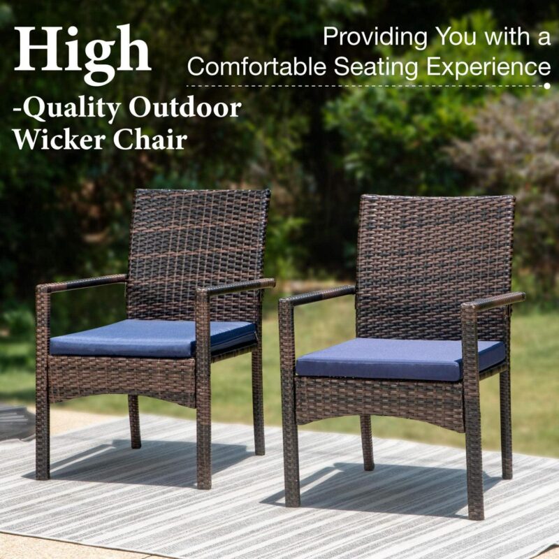 6 Pieces Outdoor Patio Dining Set with 10 Ft Umbrella Square Metal Table and Wicker Chairs Furniture Set- Navy Blue - Image 3