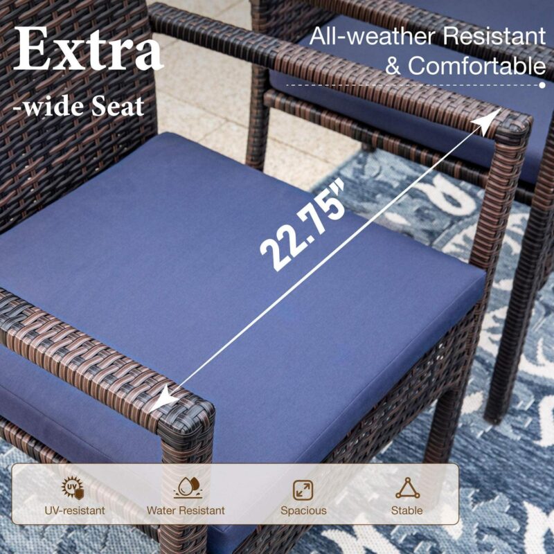 6 Pieces Outdoor Patio Dining Set with 10 Ft Umbrella Square Metal Table and Wicker Chairs Furniture Set- Navy Blue - Image 4