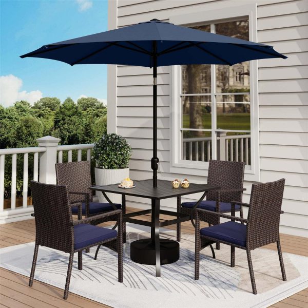 6 Pieces Outdoor Patio Dining Set with 10 Ft Umbrella Square Metal Table and Wicker Chairs Furniture Set- Navy Blue