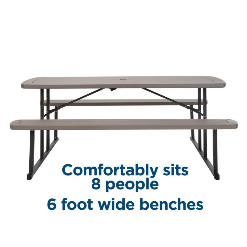 6 ft. Folding Blow Mold Picnic Table, Taupe Wood Grain with Brown Legs - Image 5