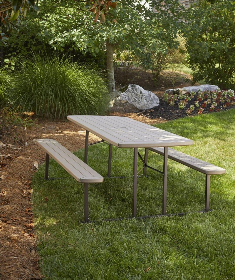 6 ft. Folding Blow Mold Picnic Table, Taupe Wood Grain with Brown Legs - Image 14
