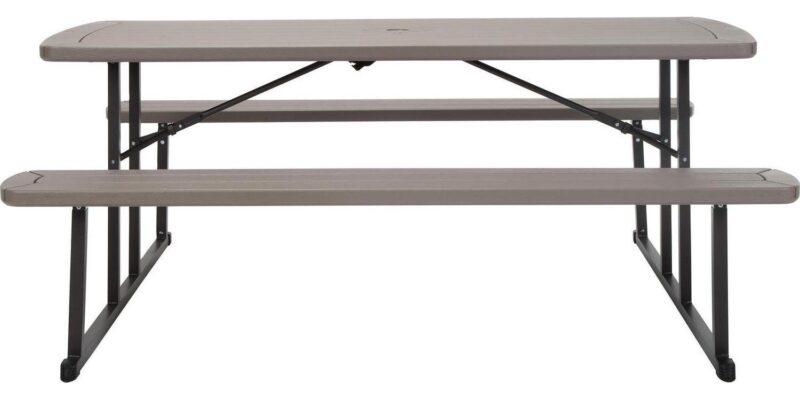 6 ft. Folding Blow Mold Picnic Table, Taupe Wood Grain with Brown Legs - Image 10