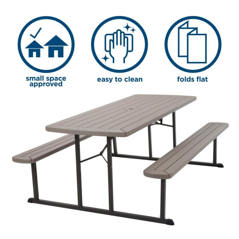 6 ft. Folding Blow Mold Picnic Table, Taupe Wood Grain with Brown Legs - Image 4