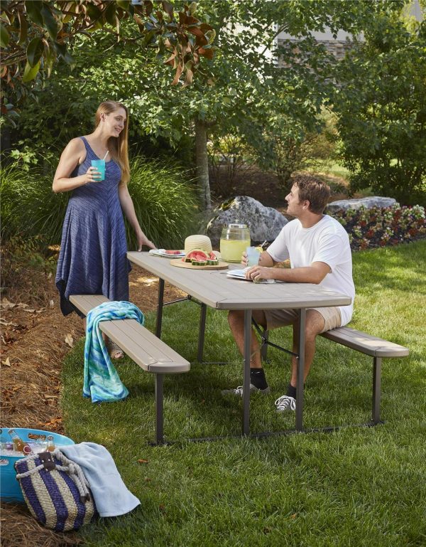 6 ft. Folding Blow Mold Picnic Table, Taupe Wood Grain with Brown Legs
