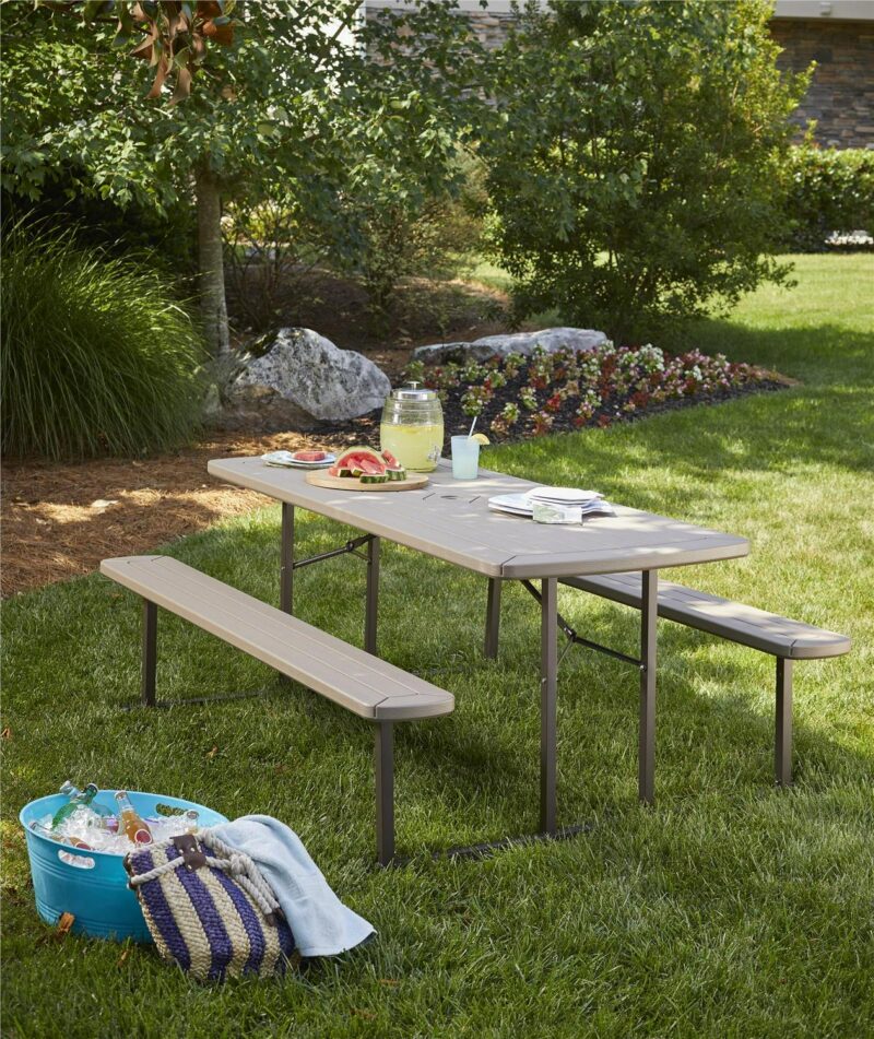6 ft. Folding Blow Mold Picnic Table, Taupe Wood Grain with Brown Legs - Image 8