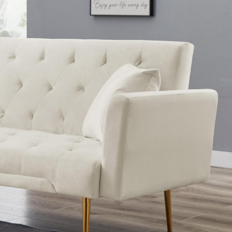 71 Inches Velvet Futon Sofa Bed with 2 Pillows,Modern Convertible Futon Couch with Adjustable Backrest,Beige - Image 6