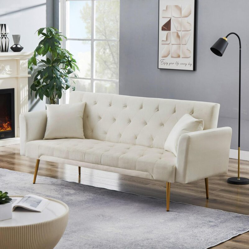 71 Inches Velvet Futon Sofa Bed with 2 Pillows,Modern Convertible Futon Couch with Adjustable Backrest,Beige - Image 2