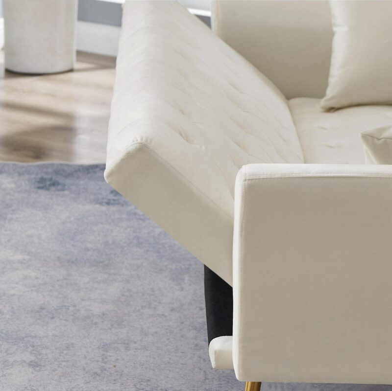 71 Inches Velvet Futon Sofa Bed with 2 Pillows,Modern Convertible Futon Couch with Adjustable Backrest,Beige - Image 7