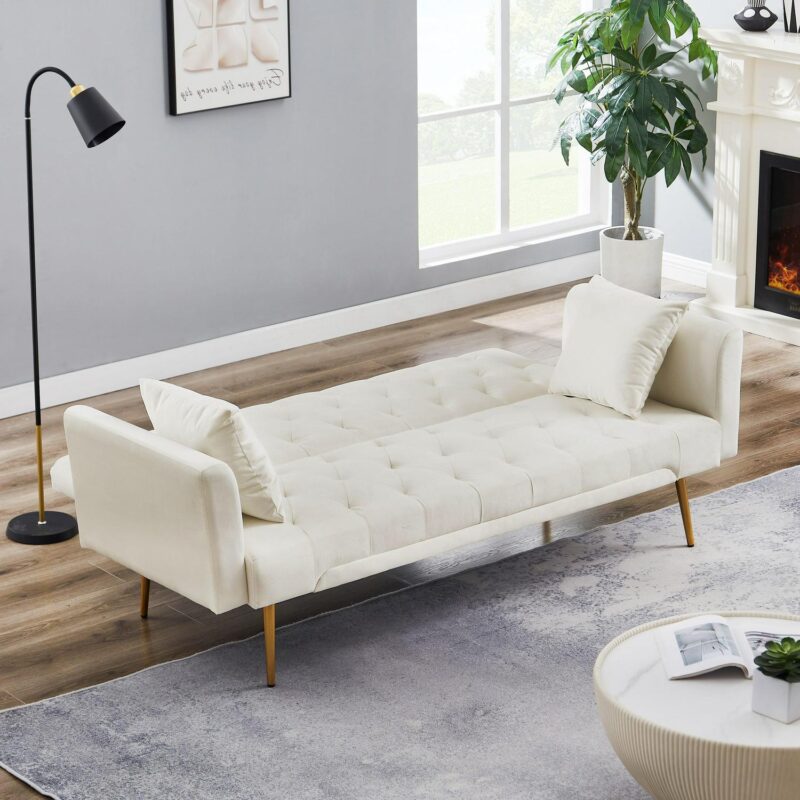 71 Inches Velvet Futon Sofa Bed with 2 Pillows,Modern Convertible Futon Couch with Adjustable Backrest,Beige - Image 5
