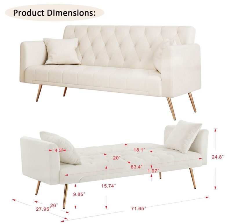 71 Inches Velvet Futon Sofa Bed with 2 Pillows,Modern Convertible Futon Couch with Adjustable Backrest,Beige - Image 3