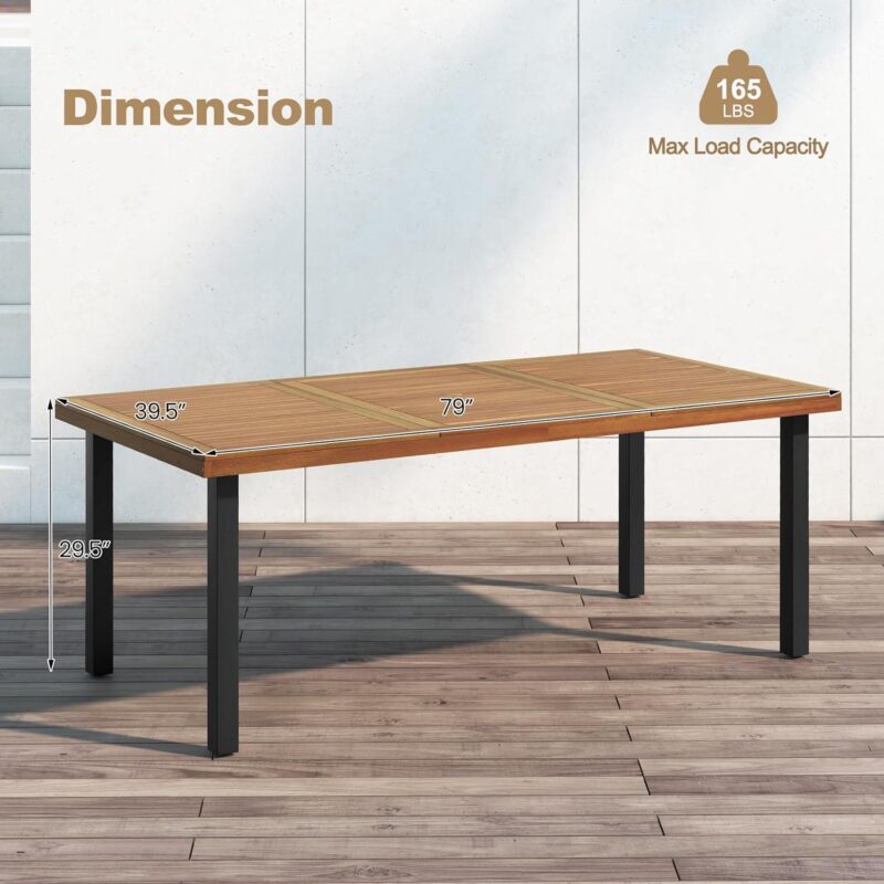 79 Inch Outdoor Dining Table for 8-person with Umbrella Hole and Adjustable Foot Pads and Metal legs, Natural and Black - Image 3