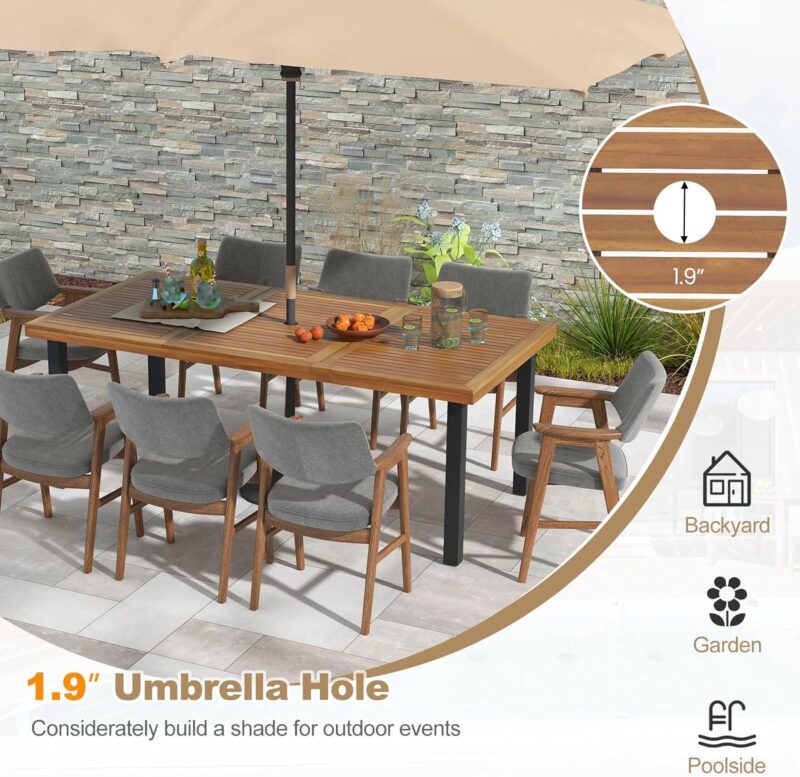 79 Inch Outdoor Dining Table for 8-person with Umbrella Hole and Adjustable Foot Pads and Metal legs, Natural and Black - Image 4