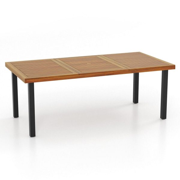 79 Inch Outdoor Dining Table for 8-person with Umbrella Hole and Adjustable Foot Pads and Metal legs, Natural and Black