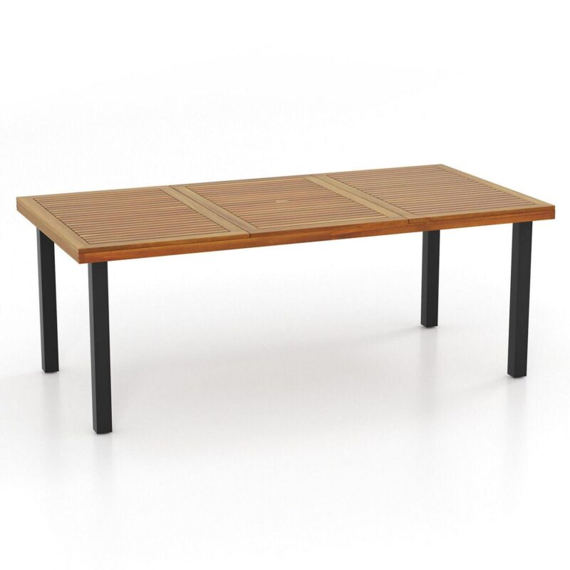 79 Inch Outdoor Dining Table for 8-person with Umbrella Hole and Adjustable Foot Pads and Metal legs, Natural and Black
