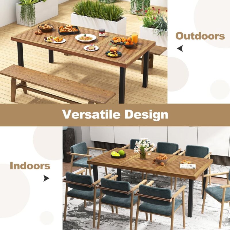 79 Inch Outdoor Dining Table for 8-person with Umbrella Hole and Adjustable Foot Pads and Metal legs, Natural and Black - Image 5