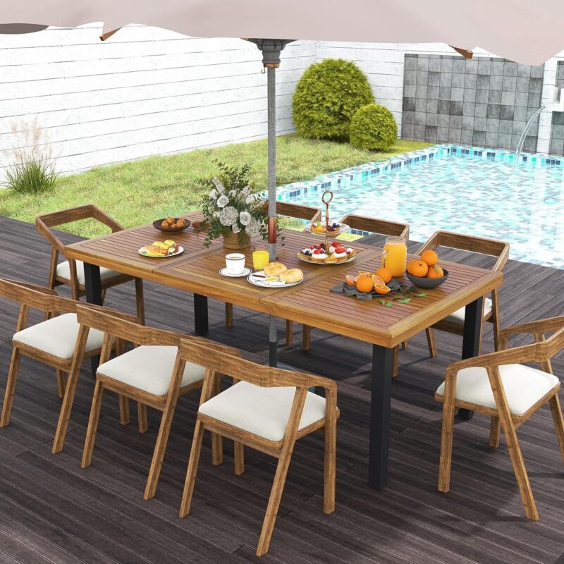 79 Inch Outdoor Dining Table for 8-person with Umbrella Hole and Adjustable Foot Pads and Metal legs, Natural and Black - Image 2