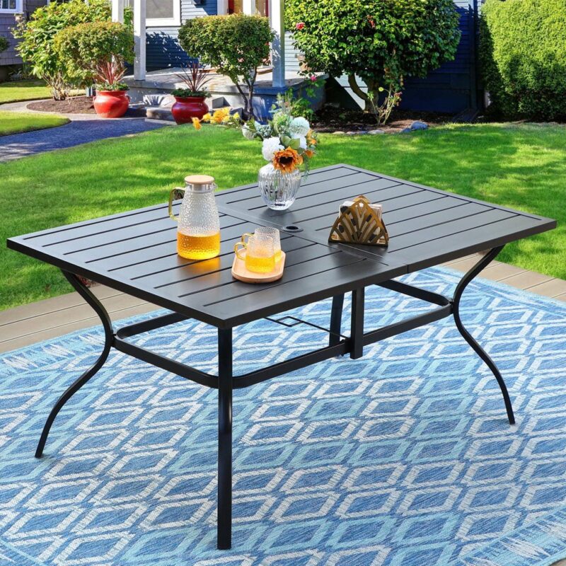 7 Piece Outdoor Patio Dining Sets with Rectangle Metal Table and Wicker Chairs Furniture Set- Navy Blue - Image 7