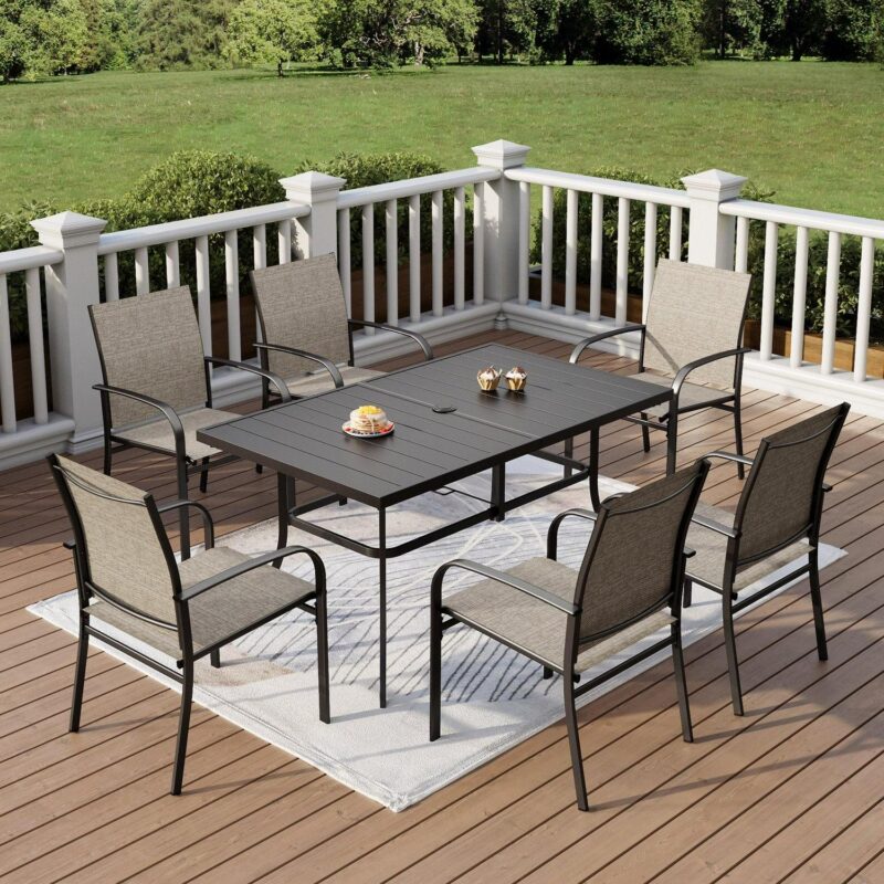 7-Piece Outdoor Patio Dining Set with 6 Textilene Chairs and 1 Metal Steel Rectangle Table, Black and Gray-brown