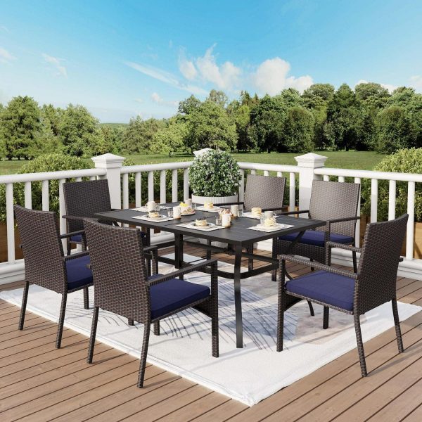 7 Piece Outdoor Patio Dining Sets with Rectangle Metal Table and Wicker Chairs Furniture Set- Navy Blue