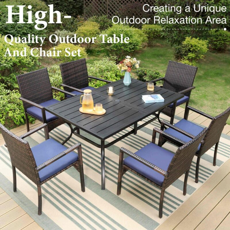 7 Piece Outdoor Patio Dining Sets with Rectangle Metal Table and Wicker Chairs Furniture Set- Navy Blue - Image 2