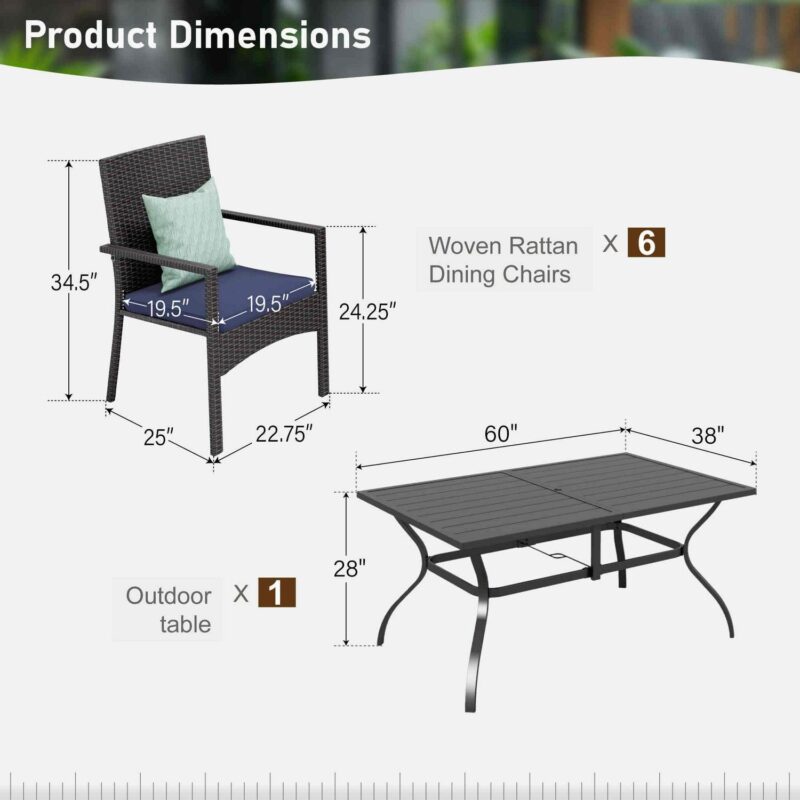 7 Piece Outdoor Patio Dining Sets with Rectangle Metal Table and Wicker Chairs Furniture Set- Navy Blue - Image 12