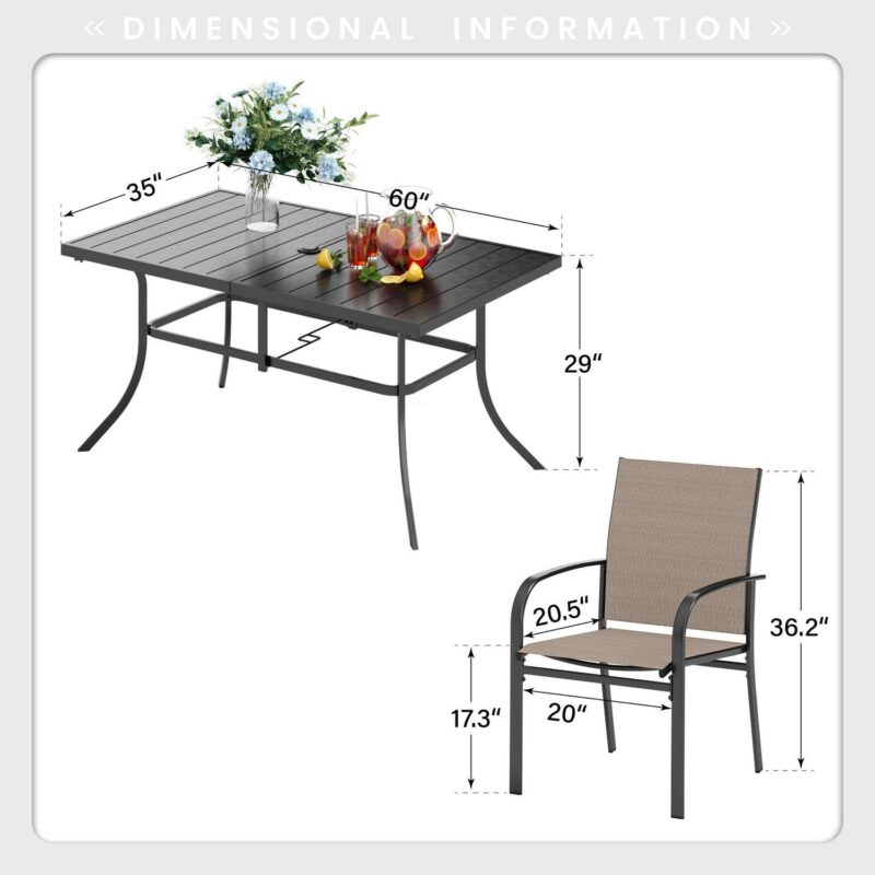 7-Piece Outdoor Patio Dining Set with 6 Textilene Chairs and 1 Metal Steel Rectangle Table, Black and Gray-brown - Image 13