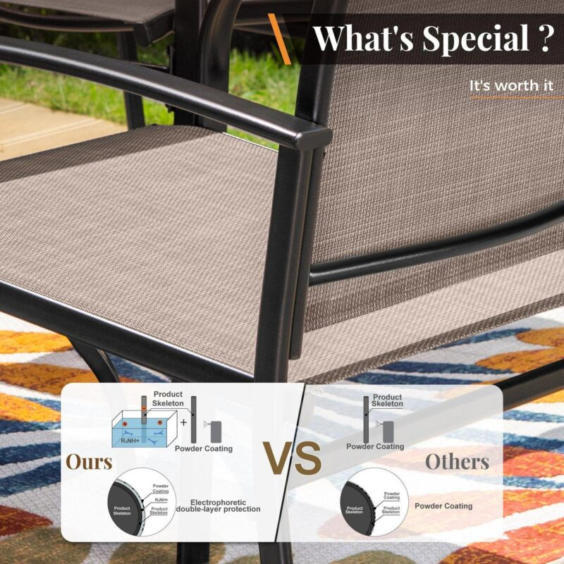 7-Piece Outdoor Patio Dining Set with 6 Textilene Chairs and 1 Metal Steel Rectangle Table, Black and Gray-brown - Image 4