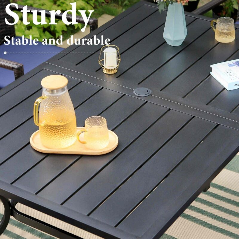 7 Piece Outdoor Patio Dining Sets with Rectangle Metal Table and Wicker Chairs Furniture Set- Navy Blue - Image 8