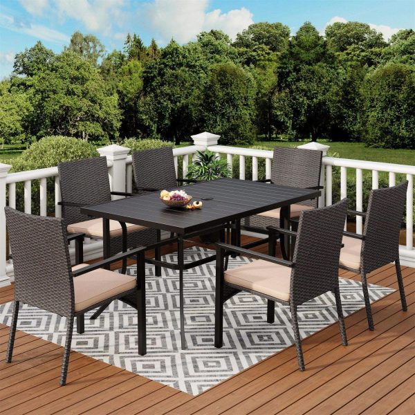 7-Piece Outdoor Patio Dining Set for 6, All-Weather Rattan Chairs and Rectangular Table with Umbrella Hole