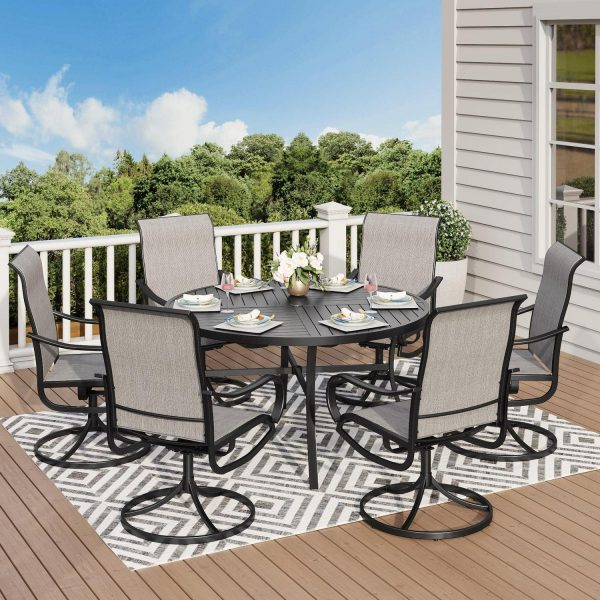 7-Piece Outdoor Patio Dining Set, Swivel Chairs and 54a Large Round Table with Umbrella Hole, Steel Frame and Textilene Seat, Gray