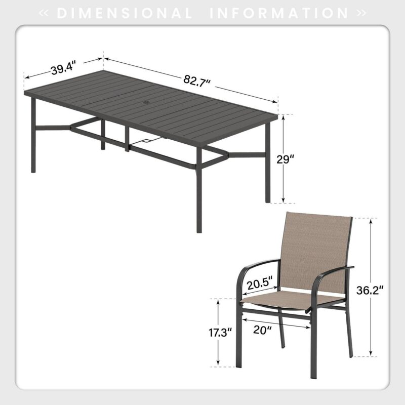 9-Piece Outdoor Patio Dining Set with Metal Steel Rectangular Table with Umbrella Hole and Textilene Chairs for 8-Person, Black and Gray-brown - Image 10