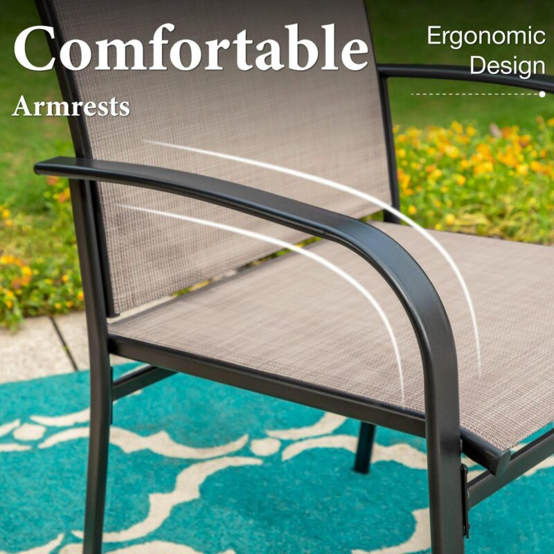 9-Piece Outdoor Patio Dining Set with Metal Steel Rectangular Table with Umbrella Hole and Textilene Chairs for 8-Person, Black and Gray-brown - Image 4